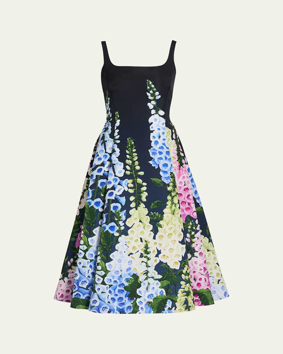 Multi Foxglove Degrade Printed Faille Midi Cocktail Dress